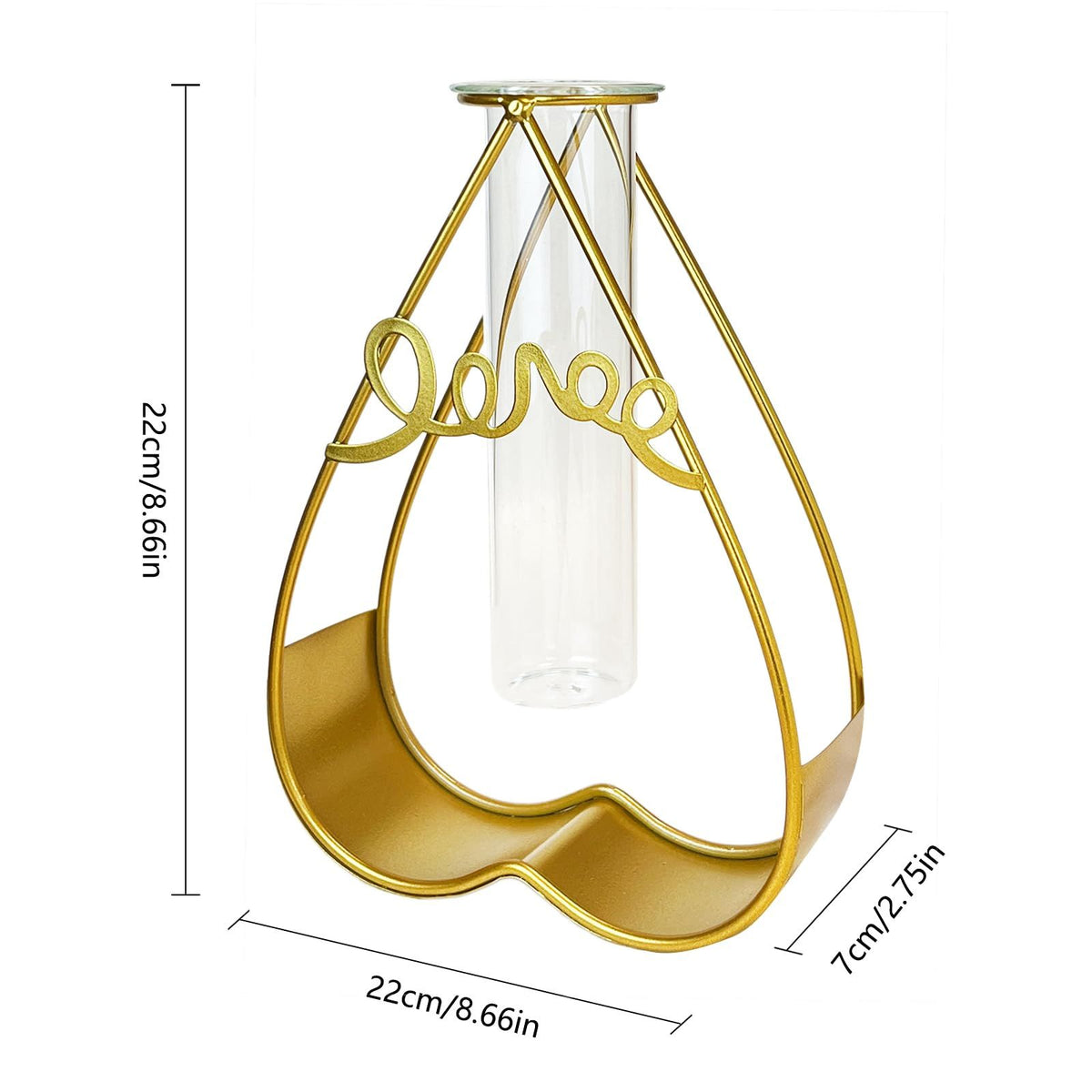 Cute Glass Flower Vase for Party Wedding Decorations,Geometric Decor Vase with Gold Test Tube Vase（Heart-Shaped）