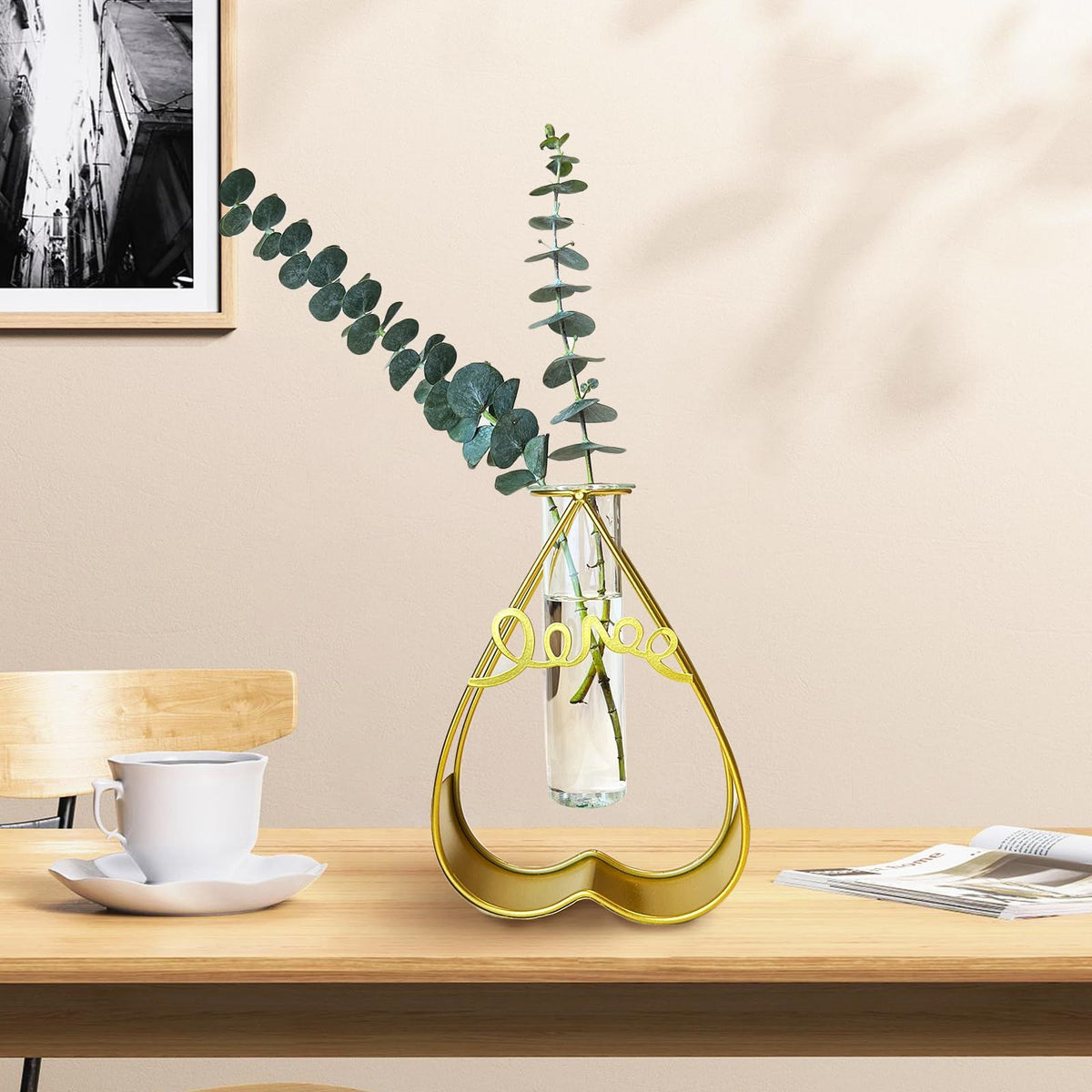 Cute Glass Flower Vase for Party Wedding Decorations,Geometric Decor Vase with Gold Test Tube Vase（Heart-Shaped）