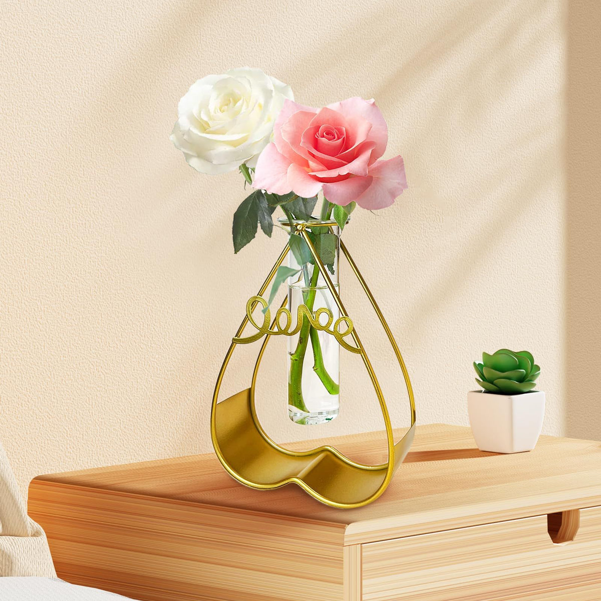 Cute Glass Flower Vase for Party Wedding Decorations,Geometric Decor Vase with Gold Test Tube Vase（Heart-Shaped）