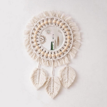 Wall Hanging Mirror, Boho Wall Mirror with Leaf Tassels and Wooden Bead, Hand-Woven Wall Decor Mirror for Bedroom Living (Beige)