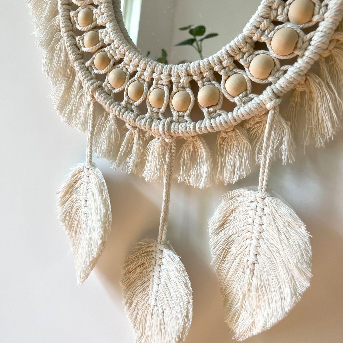 Wall Hanging Mirror, Boho Wall Mirror with Leaf Tassels and Wooden Bead, Hand-Woven Wall Decor Mirror for Bedroom Living (Beige)