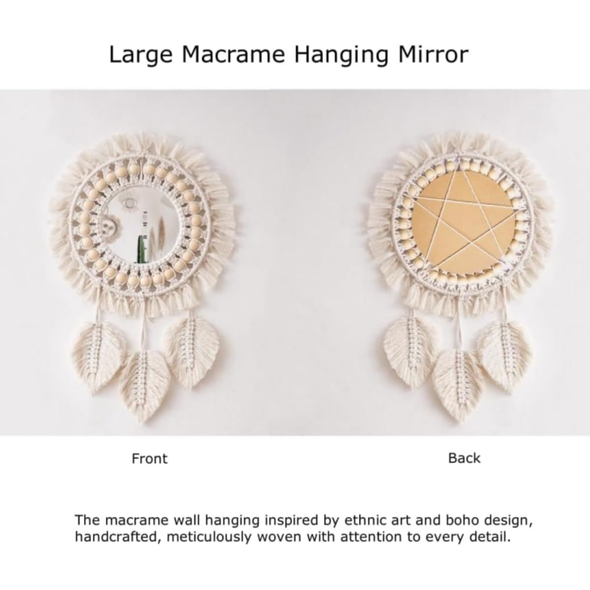 Wall Hanging Mirror, Boho Wall Mirror with Leaf Tassels and Wooden Bead, Hand-Woven Wall Decor Mirror for Bedroom Living (Beige)
