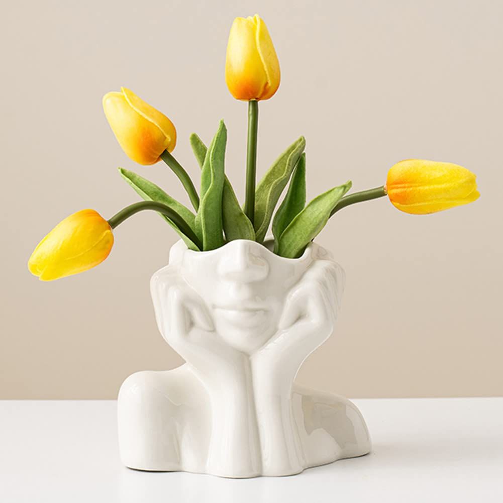 White Ceramic Face Vase, Female Form Head Half Body Bust Vases Boho Feminist Minimalism Decorative Modern Nordic Style Flower Vase