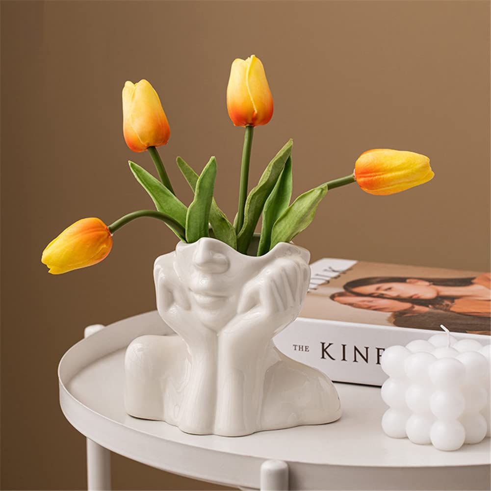 White Ceramic Face Vase, Female Form Head Half Body Bust Vases Boho Feminist Minimalism Decorative Modern Nordic Style Flower Vase