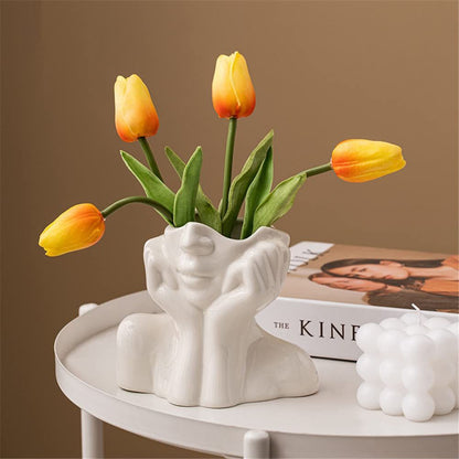 White Ceramic Face Vase, Female Form Head Half Body Bust Vases Boho Feminist Minimalism Decorative Modern Nordic Style Flower Vase