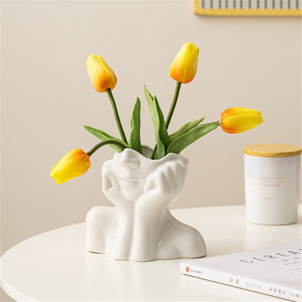 White Ceramic Face Vase, Female Form Head Half Body Bust Vases Boho Feminist Minimalism Decorative Modern Nordic Style Flower Vase