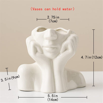 White Ceramic Face Vase, Female Form Head Half Body Bust Vases Boho Feminist Minimalism Decorative Modern Nordic Style Flower Vase