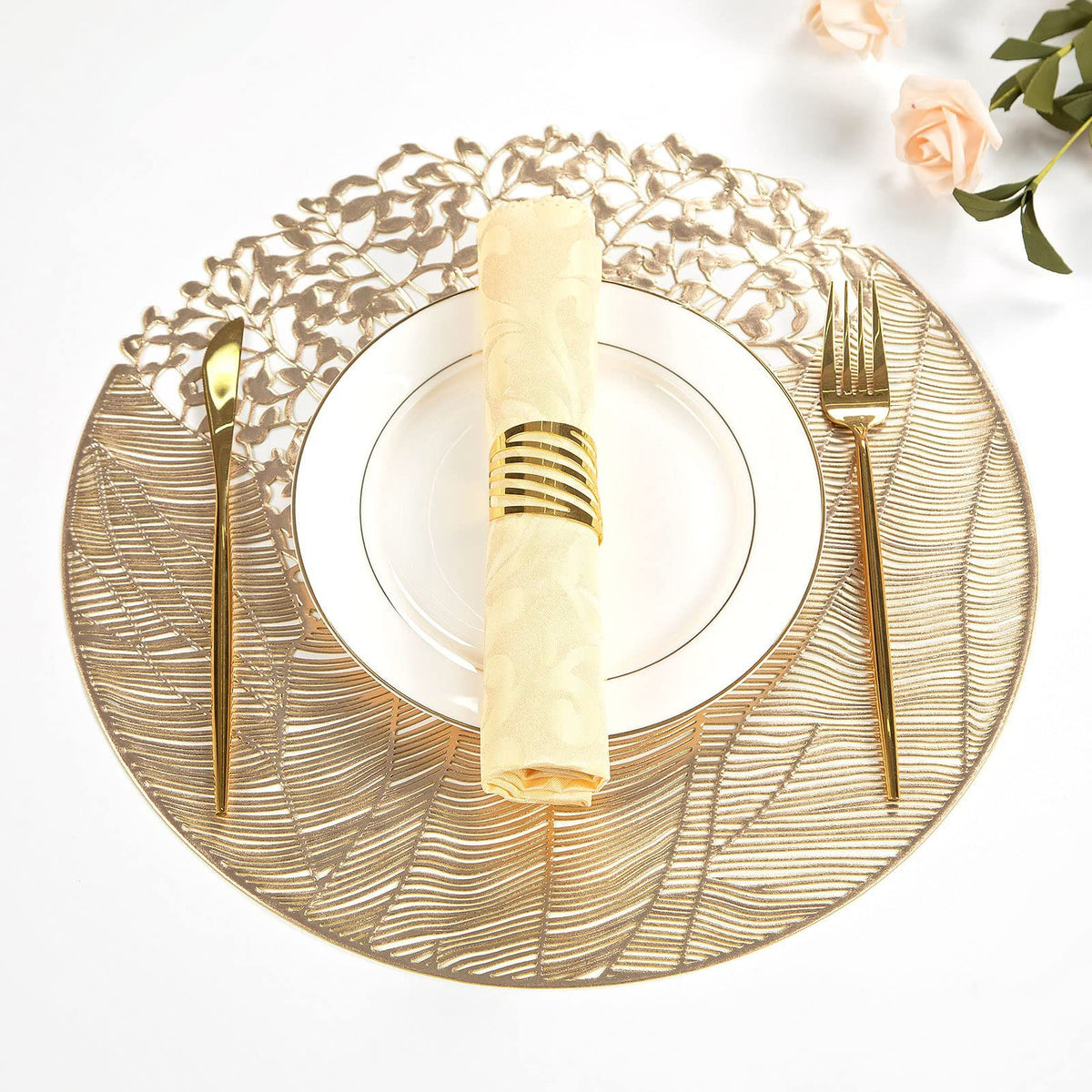 Round Vinyl Placemats Set of 6 Gold Leaf Table Mats 6pcs Indoor Outdoor Hollow Metallic Plate Non-Slip for Dinner,Party