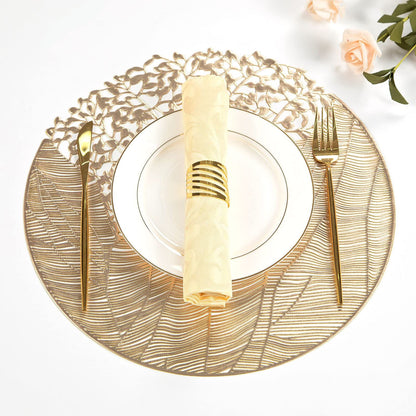 Round Vinyl Placemats Set of 6 Gold Leaf Table Mats 6pcs Indoor Outdoor Hollow Metallic Plate Non-Slip for Dinner,Party