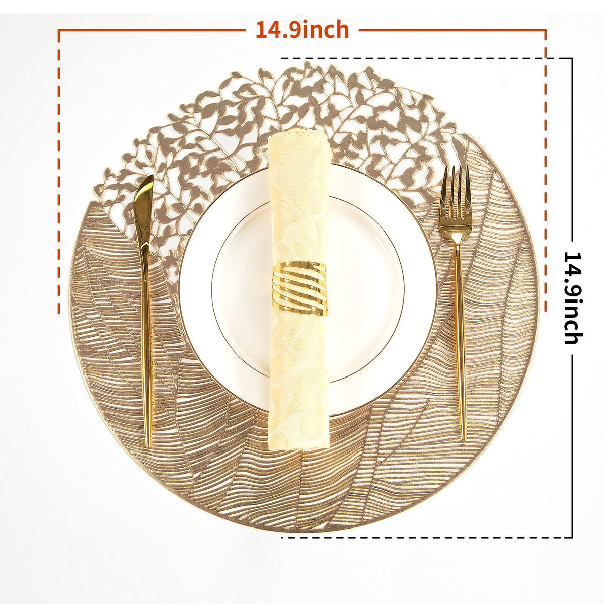 Round Vinyl Placemats Set of 6 Gold Leaf Table Mats 6pcs Indoor Outdoor Hollow Metallic Plate Non-Slip for Dinner,Party