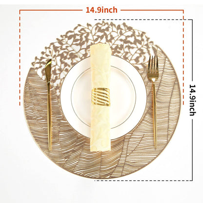 Round Vinyl Placemats Set of 6 Gold Leaf Table Mats 6pcs Indoor Outdoor Hollow Metallic Plate Non-Slip for Dinner,Party