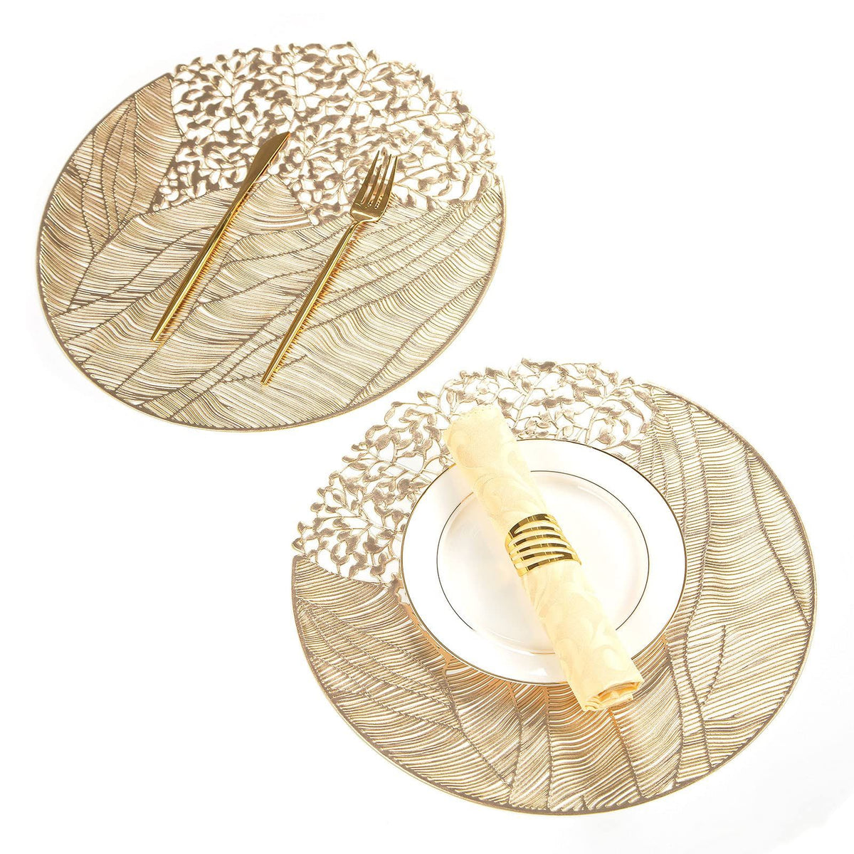 Round Vinyl Placemats Set of 6 Gold Leaf Table Mats 6pcs Indoor Outdoor Hollow Metallic Plate Non-Slip for Dinner,Party