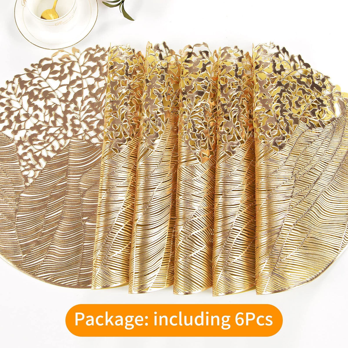 Round Vinyl Placemats Set of 6 Gold Leaf Table Mats 6pcs Indoor Outdoor Hollow Metallic Plate Non-Slip for Dinner,Party