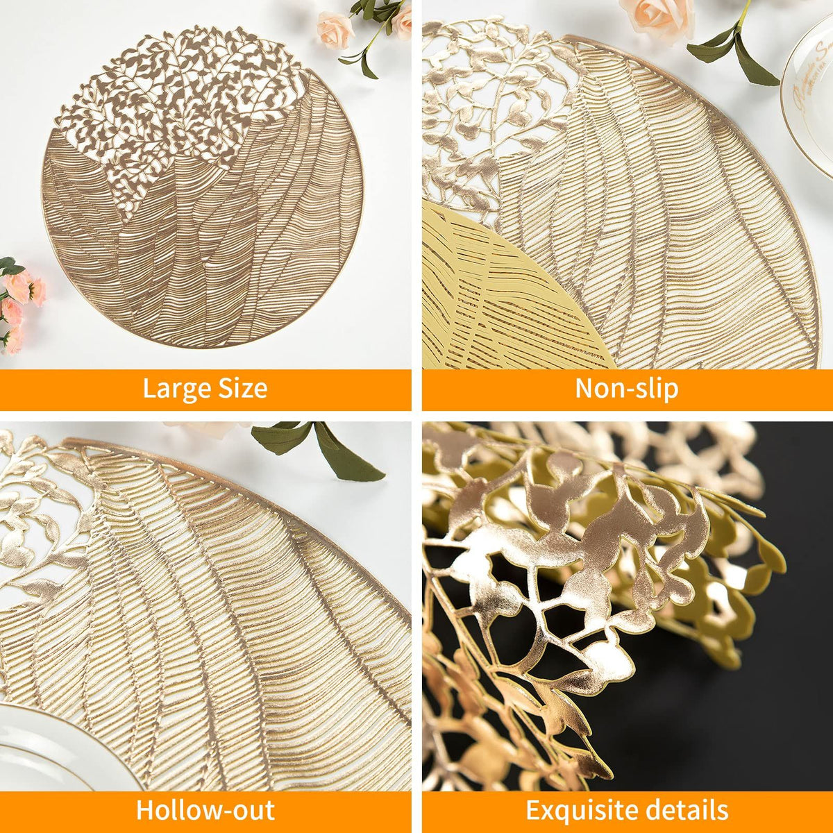 Round Vinyl Placemats Set of 6 Gold Leaf Table Mats 6pcs Indoor Outdoor Hollow Metallic Plate Non-Slip for Dinner,Party