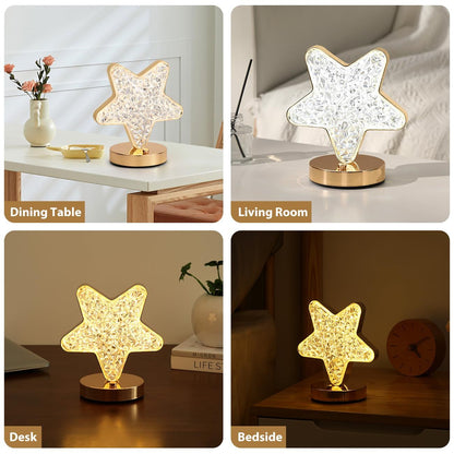 Star Table Lamp, Stepless Dimmable Touch Lamp with 3 Colors, Crystal Star Light Bedside Lamp for Nightstand Desk Bedroom Living