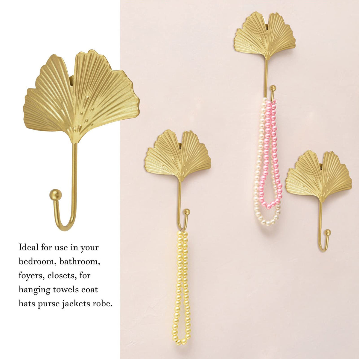 Decorative Leaves Iron Hooks,4pcs Ginkgo Leaf Shape Wall Mounted Hooks Modern Key Holder Wall Mounted Gold Single Prong Hat