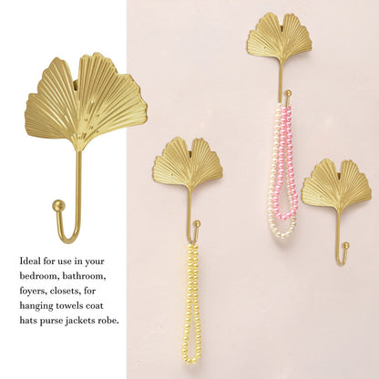 Decorative Leaves Iron Hooks,4pcs Ginkgo Leaf Shape Wall Mounted Hooks Modern Key Holder Wall Mounted Gold Single Prong Hat
