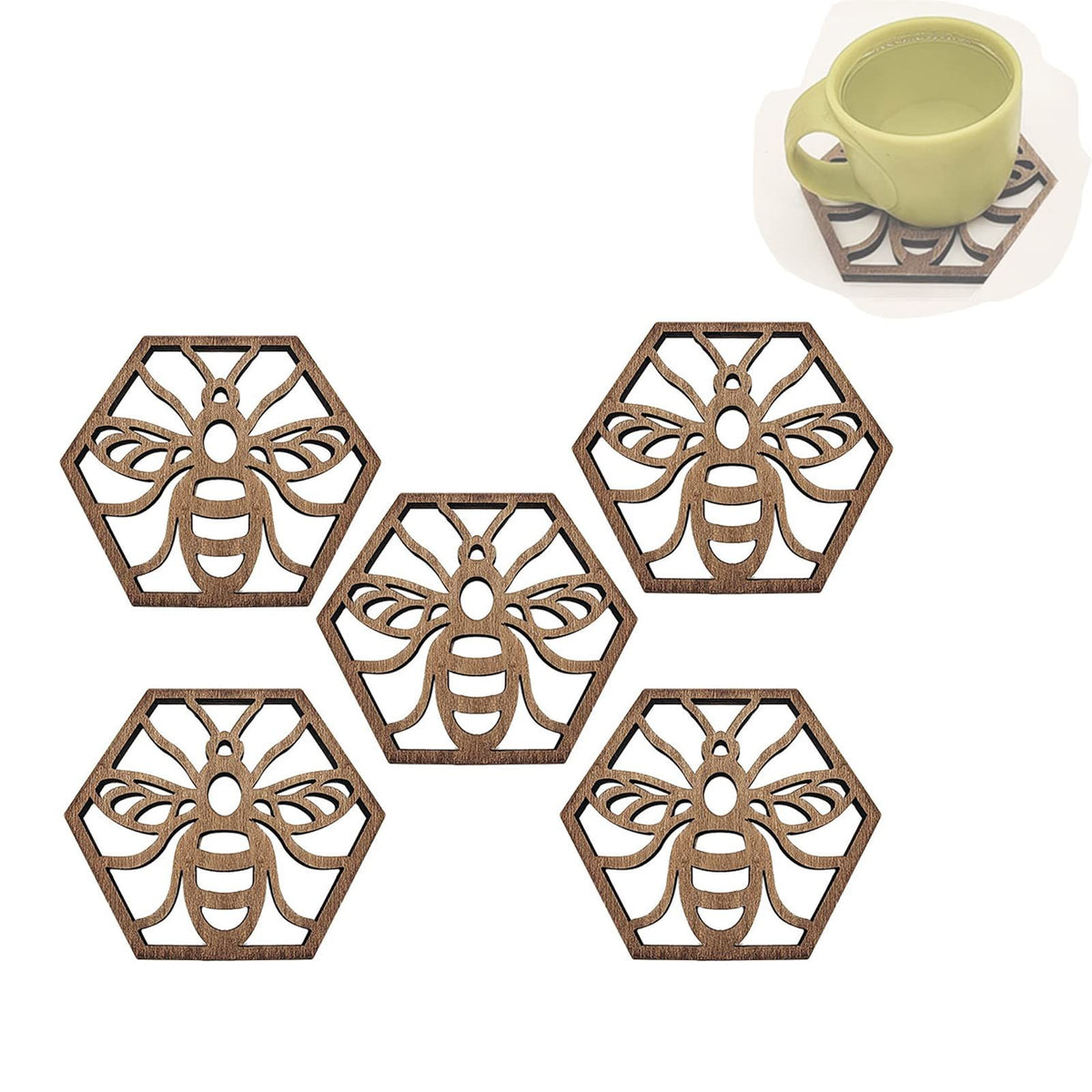 5Pcs Drink Coasters, Decor Bar Wooden Coaster, Honeycomb Design Furniture Coasters, Cup Pad Wall Art Decoratiob, Table Coasters