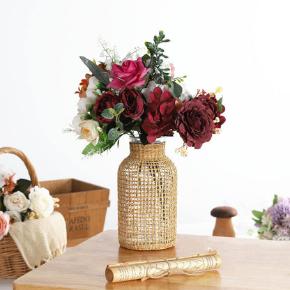 Glass Vase, Rattan Vase, Farmhouse Rattan Décor, Round Flower Vase Basket Vase for Floral Arrangements
