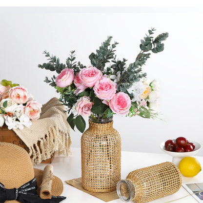 Glass Vase, Rattan Vase, Farmhouse Rattan Décor, Round Flower Vase Basket Vase for Floral Arrangements