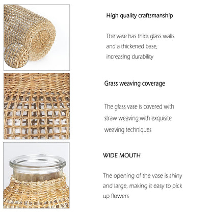Glass Vase, Rattan Vase, Farmhouse Rattan Décor, Round Flower Vase Basket Vase for Floral Arrangements