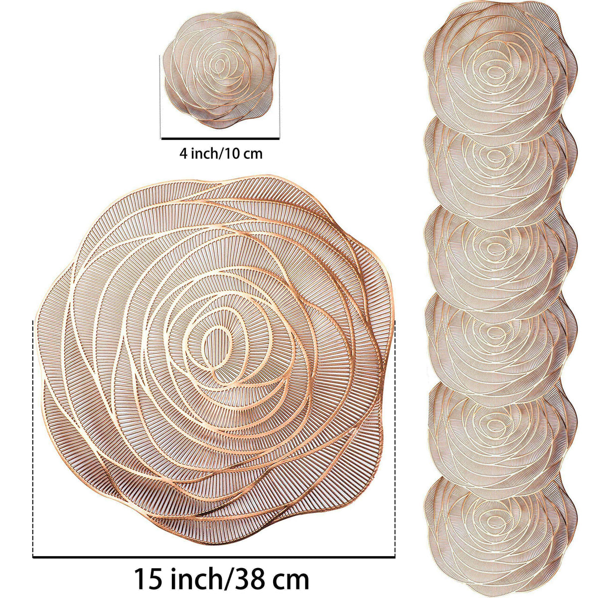 Snowkingdom Rose Gold Placemats and Coasters Set of 6 Pressed Metallic Vinyl Round Place Mats Dining Table Mats Dinning