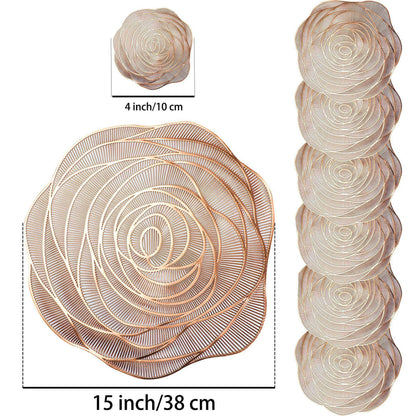 Snowkingdom Rose Gold Placemats and Coasters Set of 6 Pressed Metallic Vinyl Round Place Mats Dining Table Mats Dinning