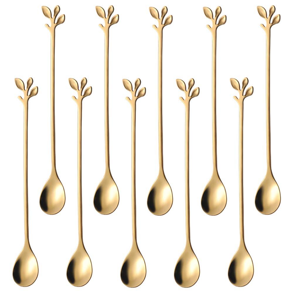 10pc Stainless Steel Gold Leaf Coffee Spoon-Creative Tableware Dessert Spoons, Stirring, Mixing, Sugar, Teaspoon Set