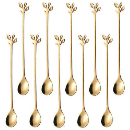 10pc Stainless Steel Gold Leaf Coffee Spoon-Creative Tableware Dessert Spoons, Stirring, Mixing, Sugar, Teaspoon Set