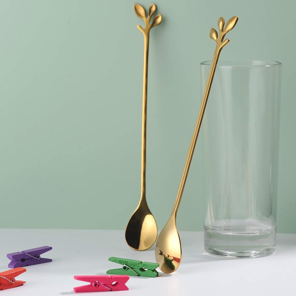10pc Stainless Steel Gold Leaf Coffee Spoon-Creative Tableware Dessert Spoons, Stirring, Mixing, Sugar, Teaspoon Set