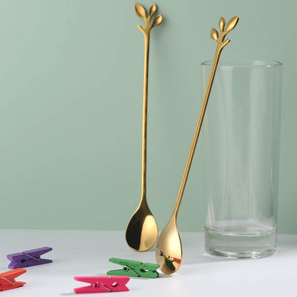 10pc Stainless Steel Gold Leaf Coffee Spoon-Creative Tableware Dessert Spoons, Stirring, Mixing, Sugar, Teaspoon Set