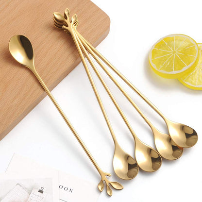 10pc Stainless Steel Gold Leaf Coffee Spoon-Creative Tableware Dessert Spoons, Stirring, Mixing, Sugar, Teaspoon Set
