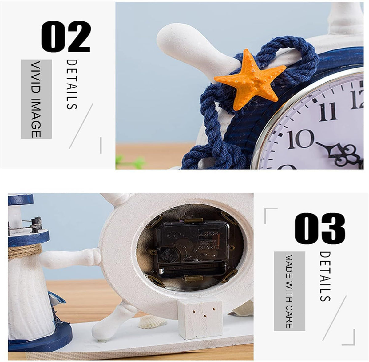 Nautical Steering Wheel Desk Clock - Mediterranean Style t Anchor Lighthouse Beach Decor for Kid's Bedroom