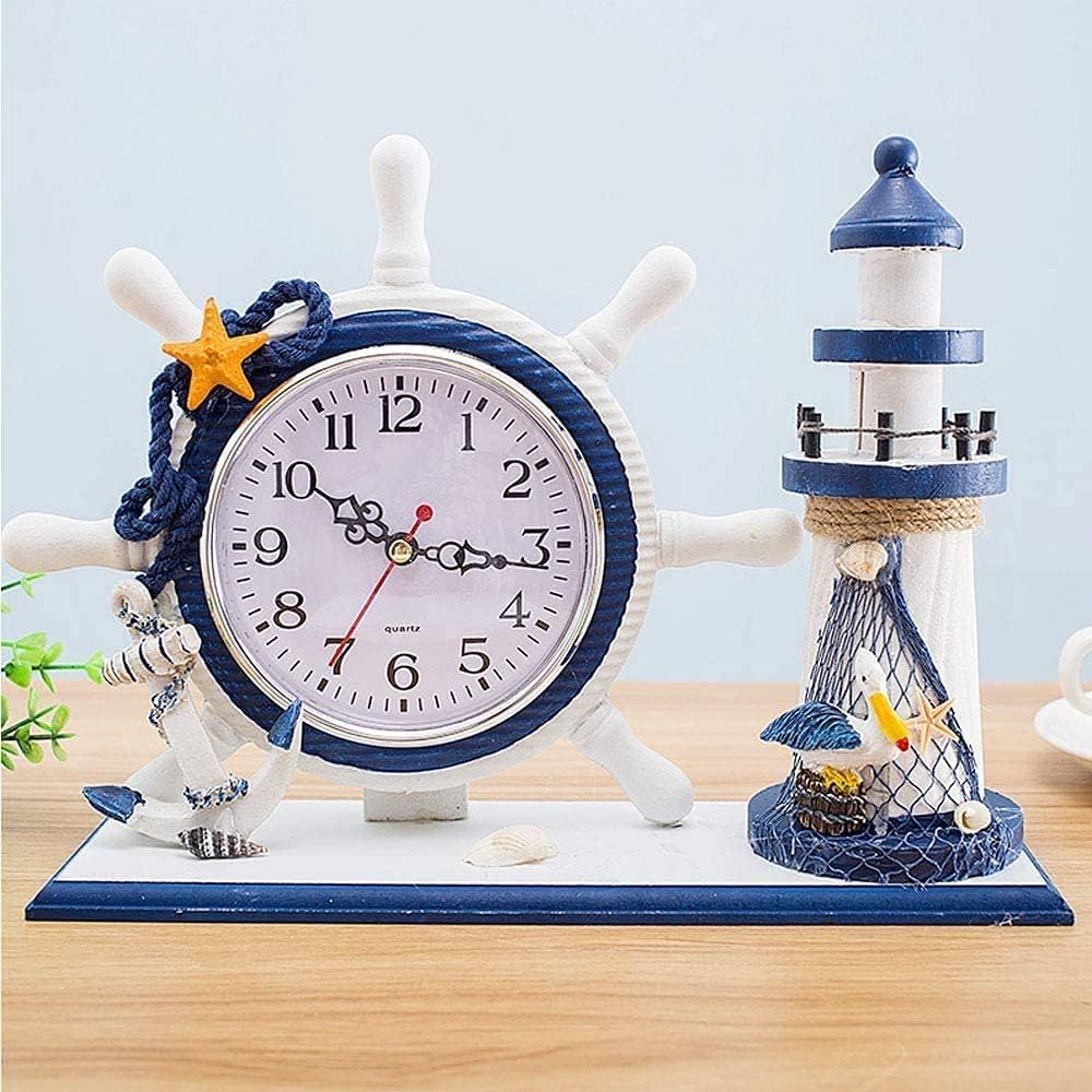 Nautical Steering Wheel Desk Clock - Mediterranean Style t Anchor Lighthouse Beach Decor for Kid's Bedroom