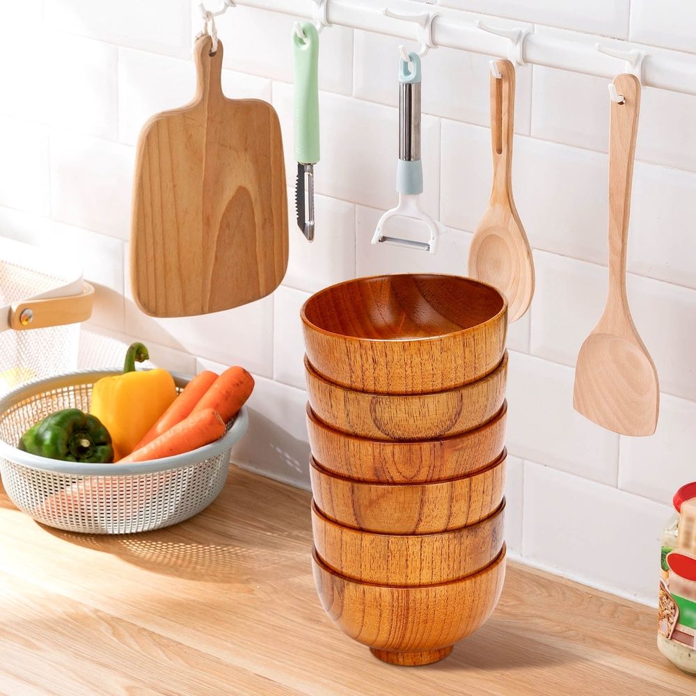 6 Pcs Wood Bowls Serving Tableware for Rice, Soup, Dip, Coffee, Tea, Decoration Wooden Salad Bowl Kitchen Cutlery Set