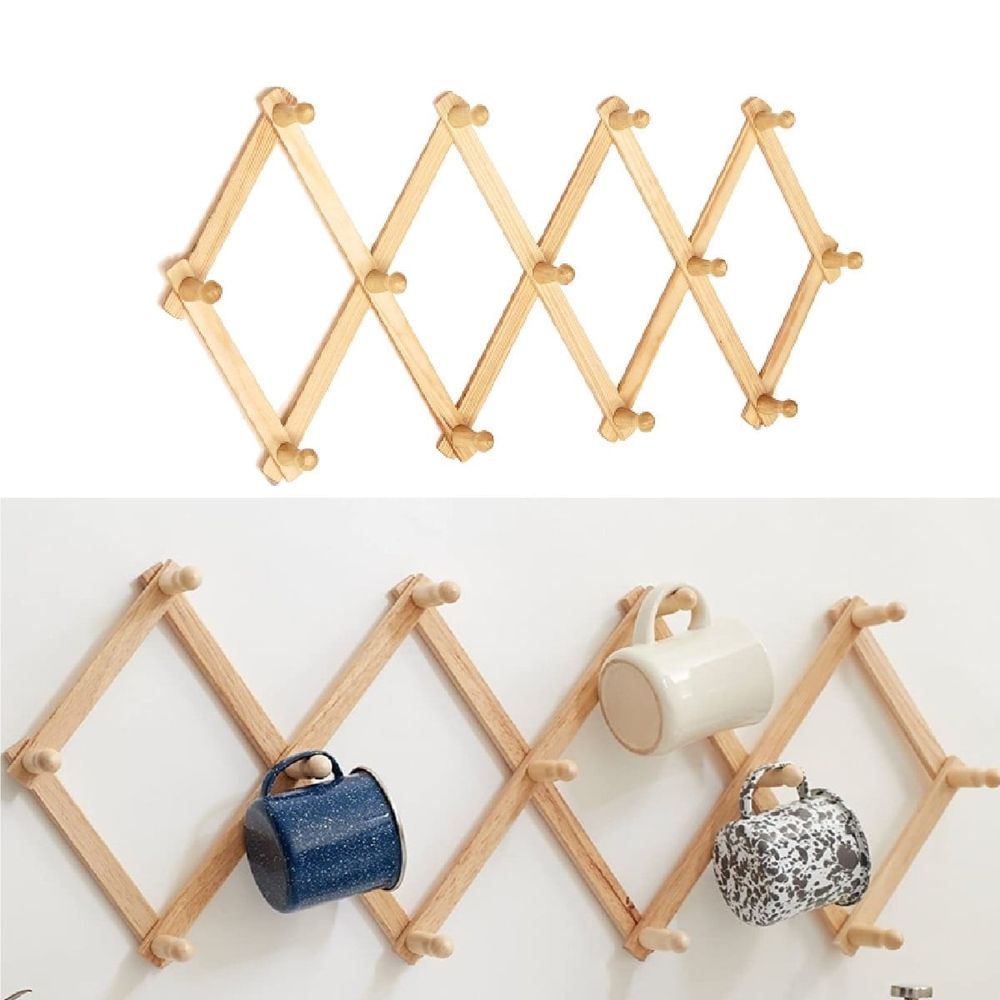 Expandable Coat Rack Wall Mounted, Accordion Wall Hanger, Real Wooden Plank Wall Hat Rack, 13 Peg, Natural