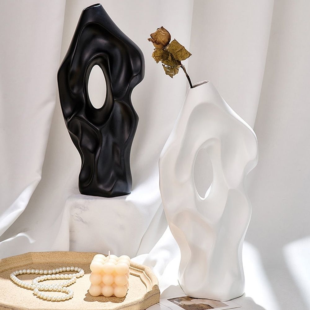 White Ceramic Vase Modern Minimalist Table Centerpiece Flower Arrangement Decor