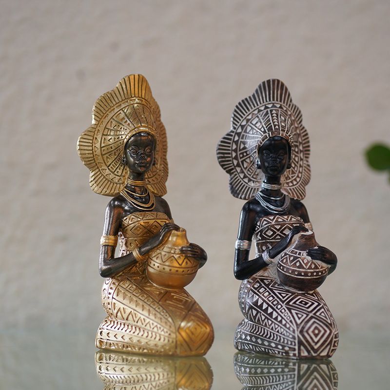 African Girl Exotic Figurine Lady Women Tribal Figurines Ornament Decorative Statue Home Decorations Resin Figurine （2pcs）