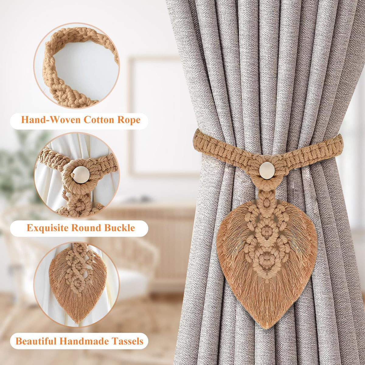 2Pcs Curtain Tiebacks Handmade,Curtain Ties with One Natural Wooden Bead,Curtain Tiebacks Curtain Ties for Drapes Rural Decorative