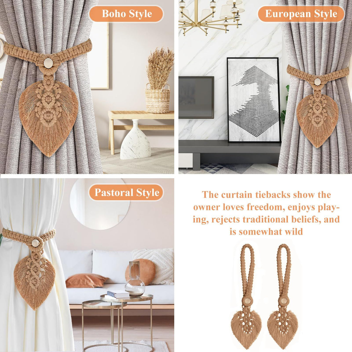 2Pcs Curtain Tiebacks Handmade,Curtain Ties with One Natural Wooden Bead,Curtain Tiebacks Curtain Ties for Drapes Rural Decorative