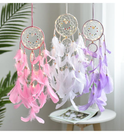 Bedroom Decorative Hanging Decorations Hangings Room ，Nursery Decor for Girls Boys, Handmade Feather Wall Decor with Lights（2pcs）