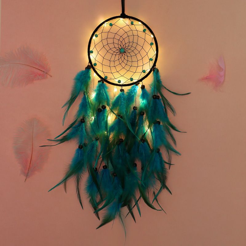 LED Lights Handmade Feather Dreamcatcher Wall Hanging Ornament Home Decor for Kids Children Girls Adults Bedroom Birthday Gift