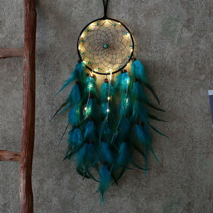 LED Lights Handmade Feather Dreamcatcher Wall Hanging Ornament Home Decor for Kids Children Girls Adults Bedroom Birthday Gift