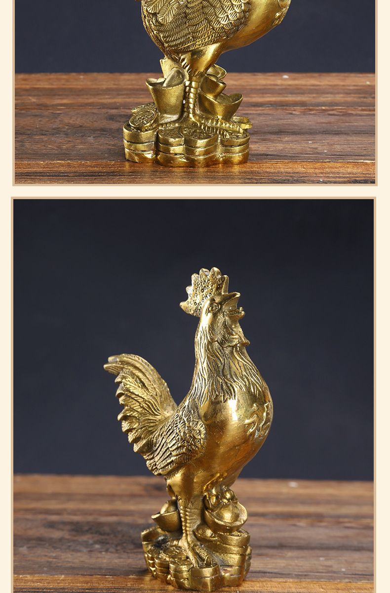Rooster Figurine Pure Brass Good Luck Chicken Statue Feng Shui Ornament for Home Office Collection Decoration