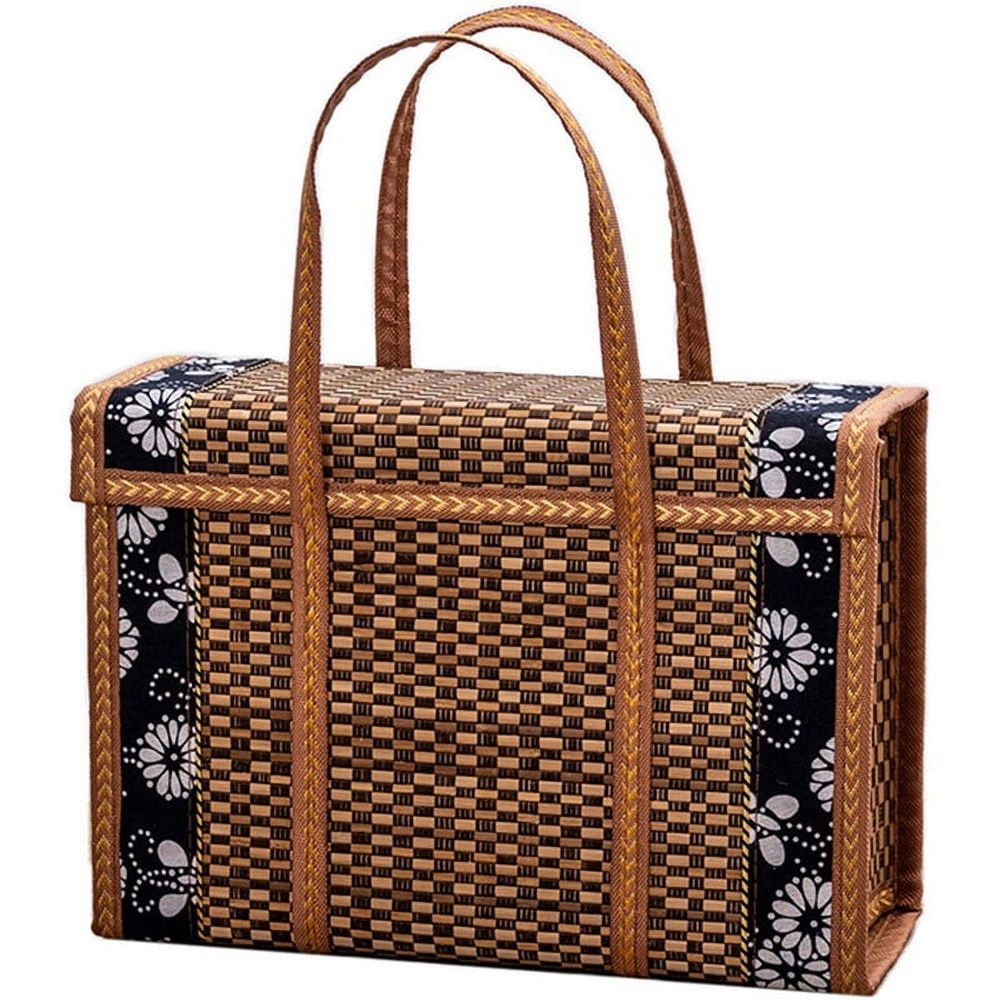 Picnic Woven Basket Wicker Storage Bag Handle Folded Fruit Shopping Food Handle Rattan Grass Fo 4475