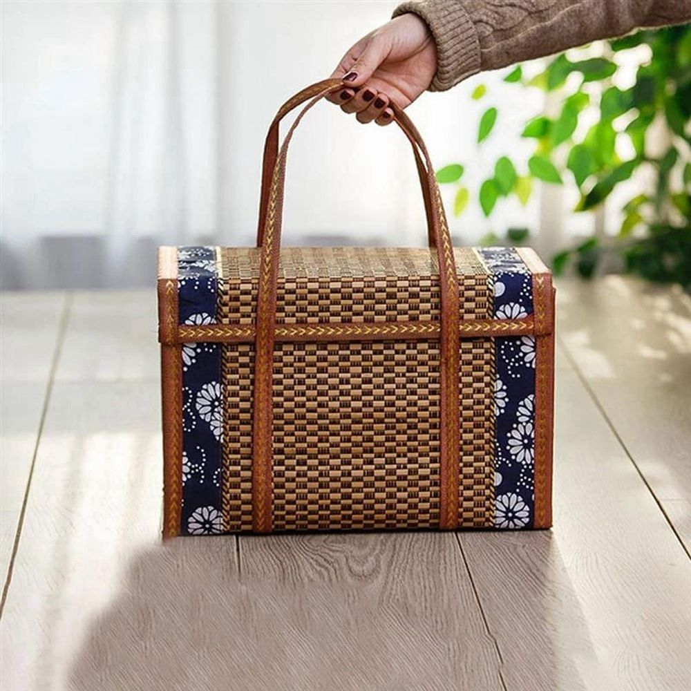 Picnic Woven Basket Wicker Storage Bag Handle Folded Fruit Shopping Food Handle Rattan Grass Fo 4475