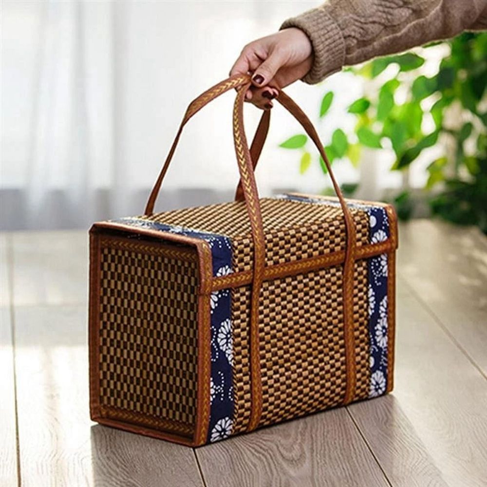 Picnic Woven Basket Wicker Storage Bag Handle Folded Fruit Shopping Food Handle Rattan Grass Fo 4475