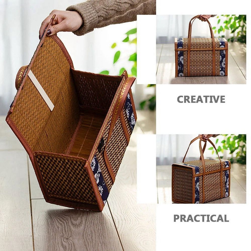 Picnic Woven Basket Wicker Storage Bag Handle Folded Fruit Shopping Food Handle Rattan Grass Fo 4475