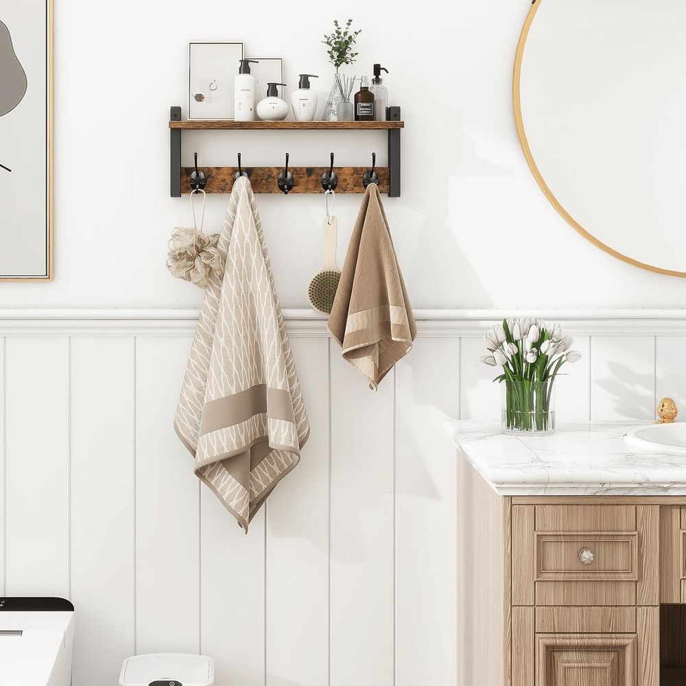 Wall Hooks with Shelf, Wood Coat Rack with Shelf Wall-Mounted, Entryway Hanging Shelves with 5 Metal Hooks for Clothes Hats Towel Purse Robes, Bathroom Mudroom Bedroom, Rustic Brown Black
