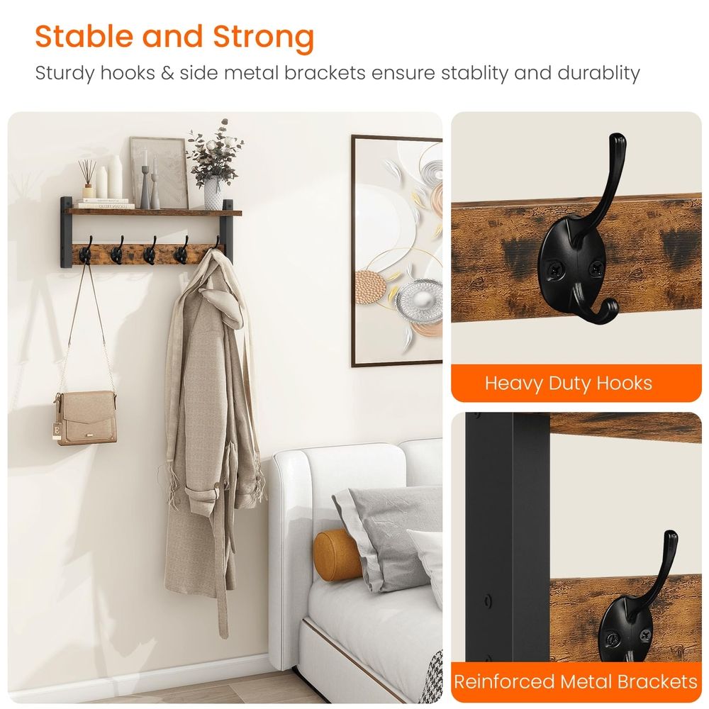 Wall Hooks with Shelf, Wood Coat Rack with Shelf Wall-Mounted, Entryway Hanging Shelves with 5 Metal Hooks for Clothes Hats Towel Purse Robes, Bathroom Mudroom Bedroom, Rustic Brown Black